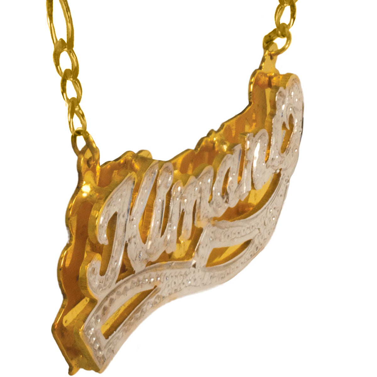 Beaded Double 3-D Personalized Nameplate with Solid Mirror Back with Figaro Chain