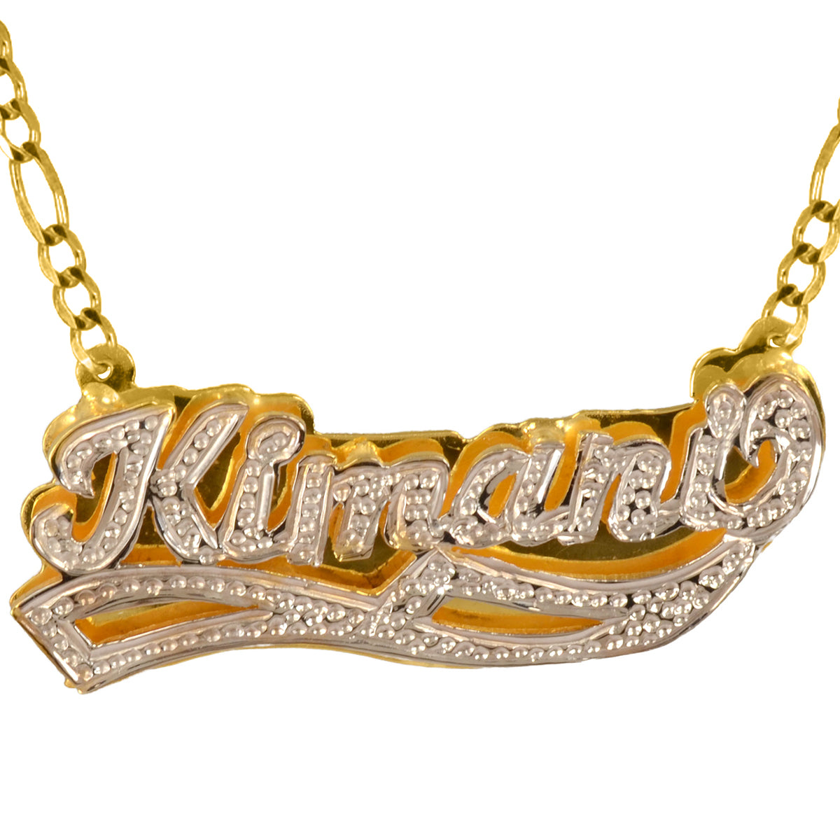 Beaded Double 3-D Personalized Nameplate with Solid Mirror Back with Figaro Chain
