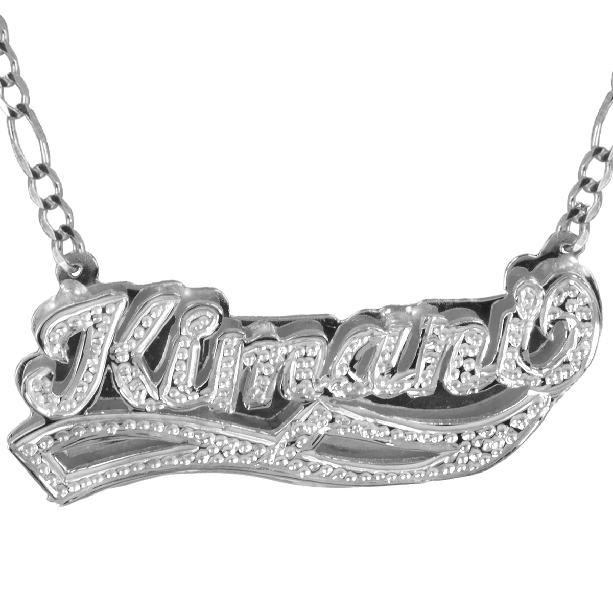 Beaded Double 3-D Personalized Nameplate with Solid Mirror Back with Figaro Chain