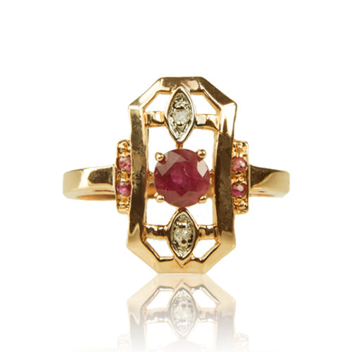 14kt Vintage Rose Gold Diamond and Ruby Ring