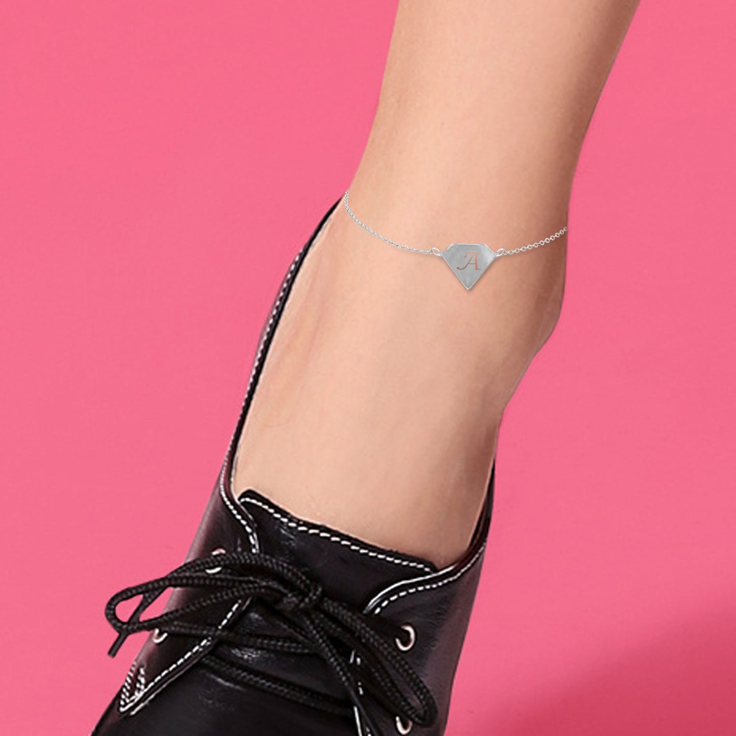 Diamond Shaped Initial Anklet In Sterling Silver or 14kt Rose or Yellow Gold Plating