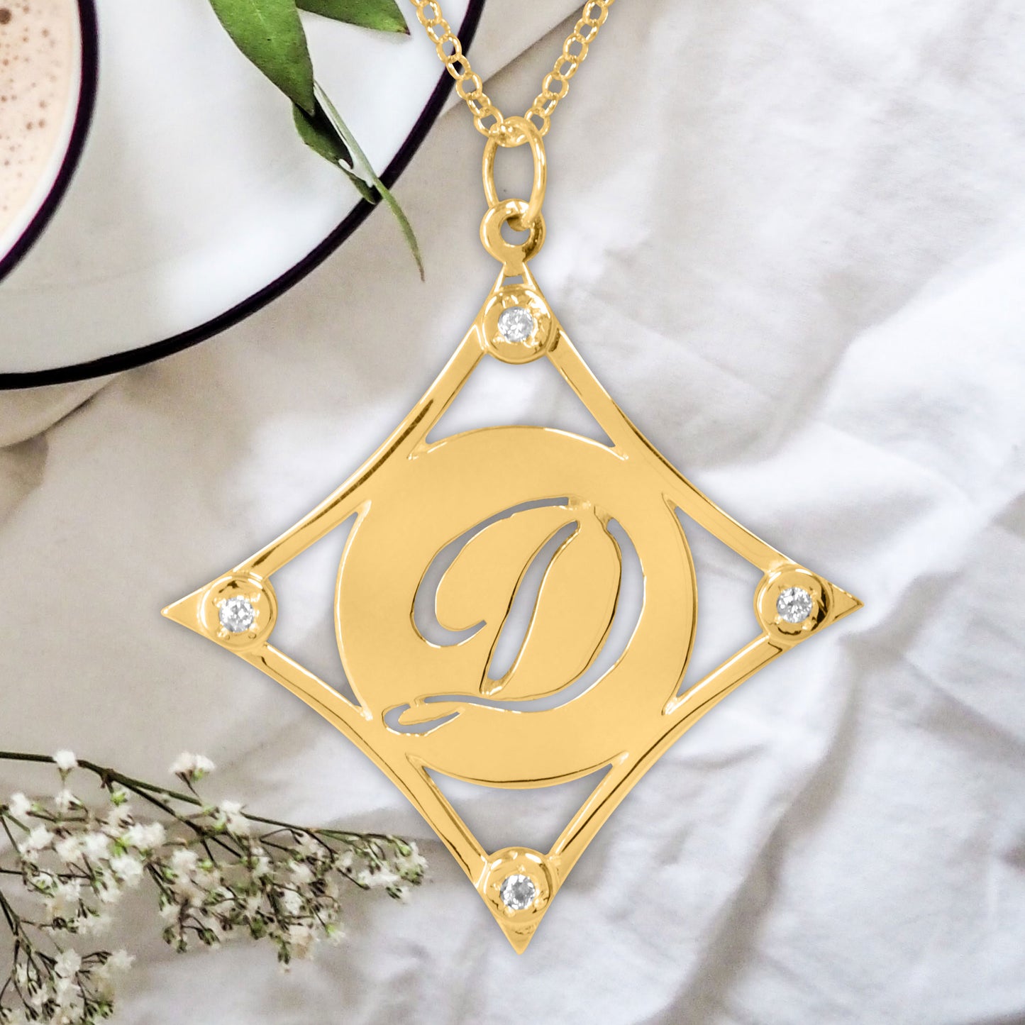 Diamond Shaped Diamond Accent Initial Pendant