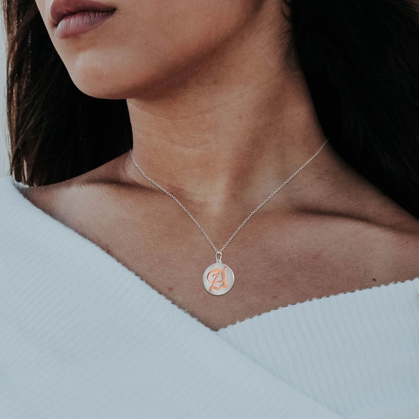 14kt Gold Personalized Gothic Initial Pendant on a Sterling Disc