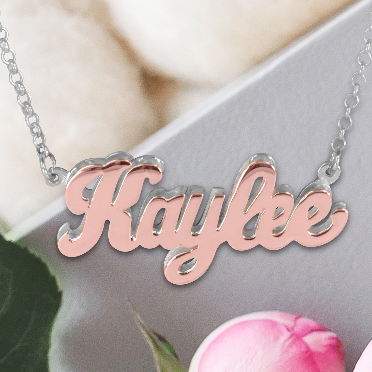 14kt Gold or 14kt Rose Gold Personalized Double 3-D Name backed with Sterling Silver