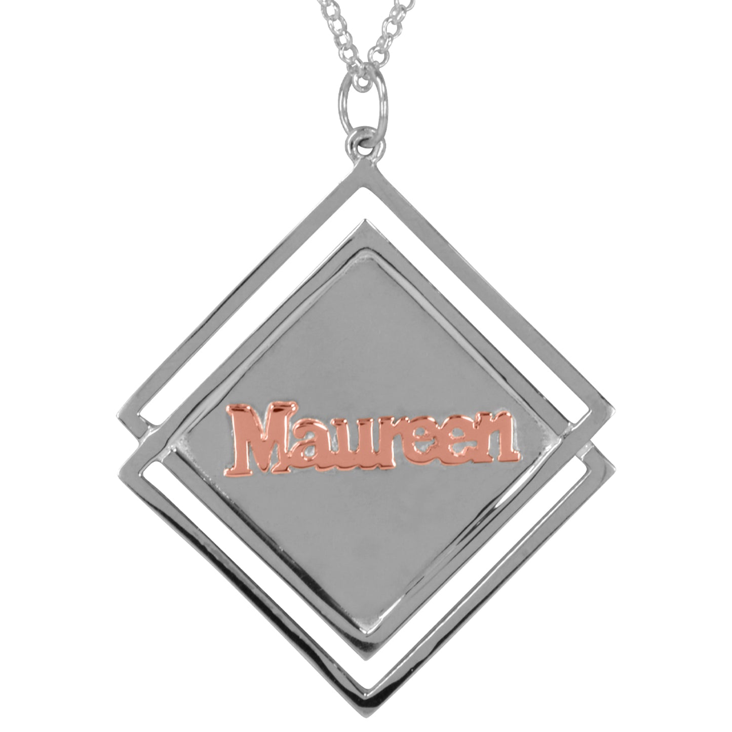 14kt Gold or 14kt Rose Gold Name on a Sterling Silver Diamond Shape Pendant