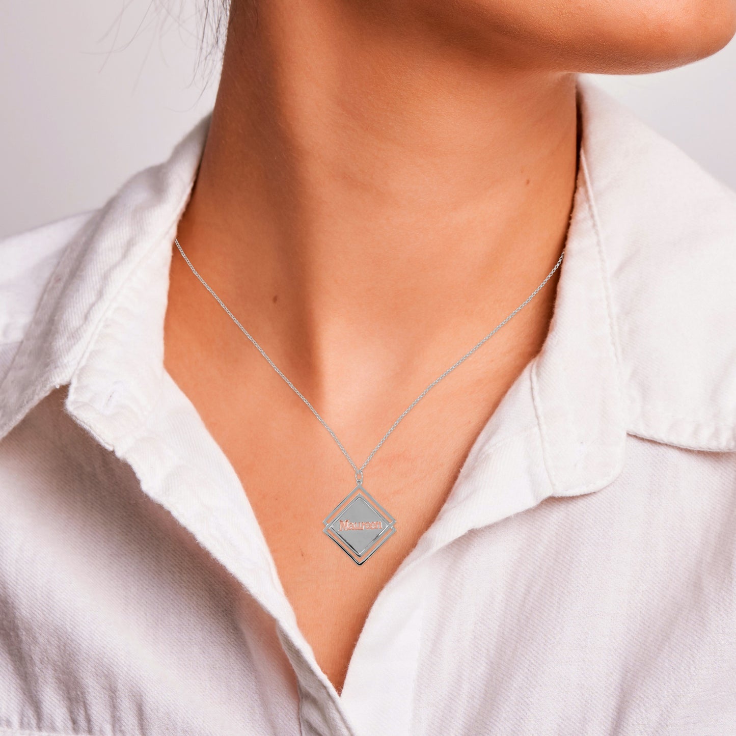 14kt Gold or 14kt Rose Gold Name on a Sterling Silver Diamond Shape Pendant