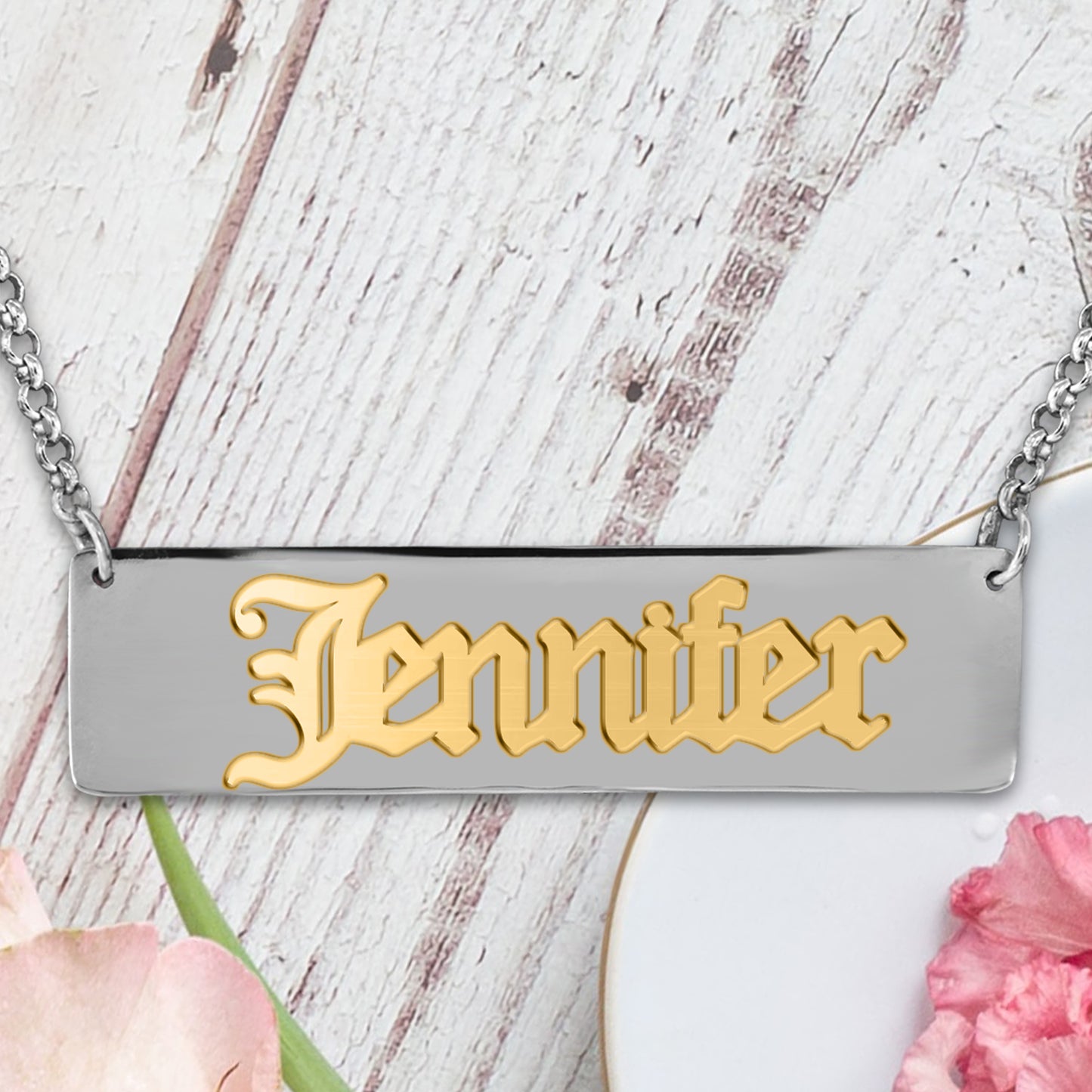 14kt Gold or 14kt Rose Old English Name on a Sterling Silver Plaque