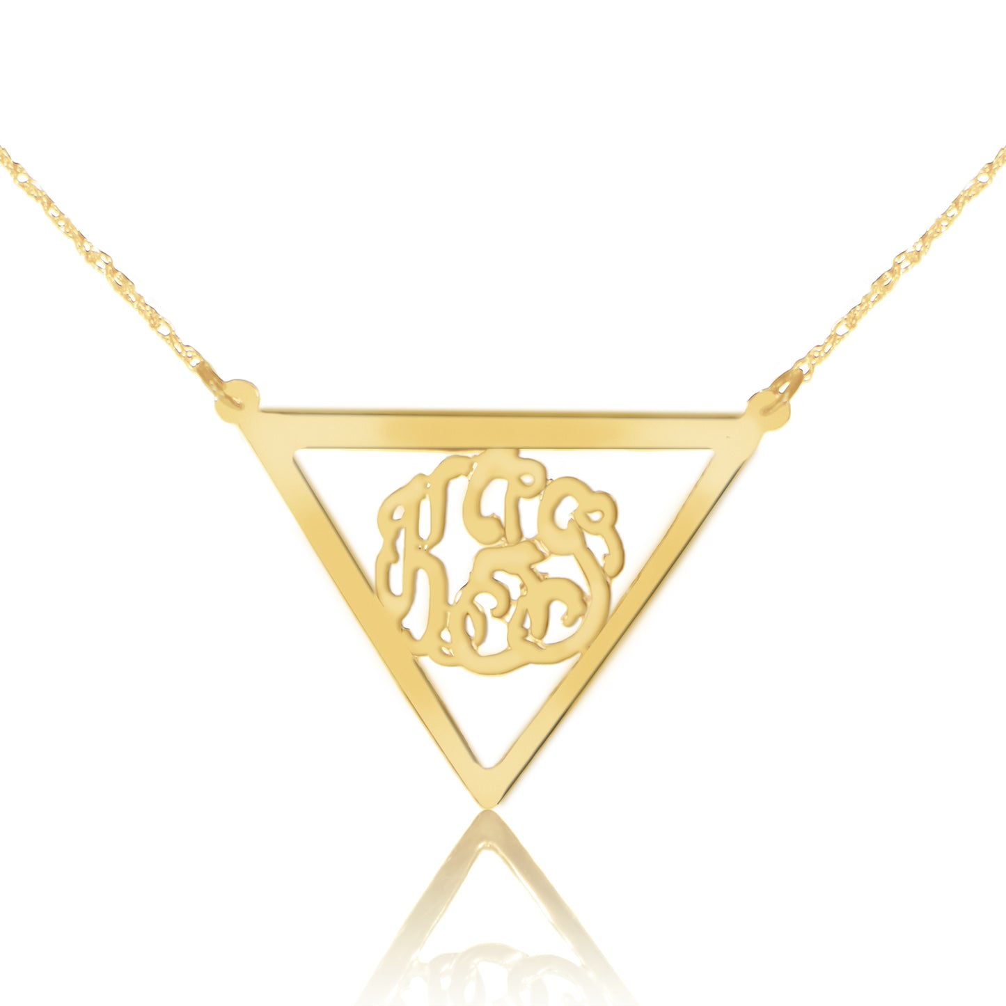 gold-plated silver monogram necklace inside thick inverse triangle frame pendant