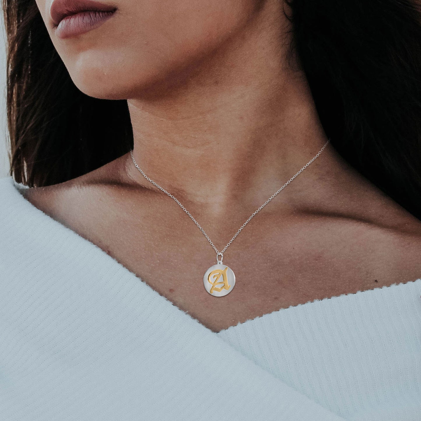14kt Gold Personalized Gothic Initial Pendant on a Sterling Disc