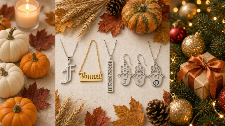 Personalized name and initial necklaces arranged with autumn pumpkins and leaves