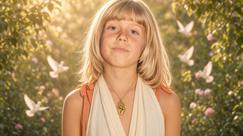 Young girl wearing a gold personalized Hamsa necklace in a sunlit garden