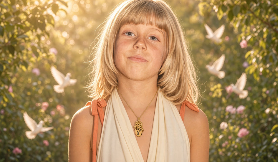 Young girl wearing a gold personalized Hamsa necklace in a sunlit garden