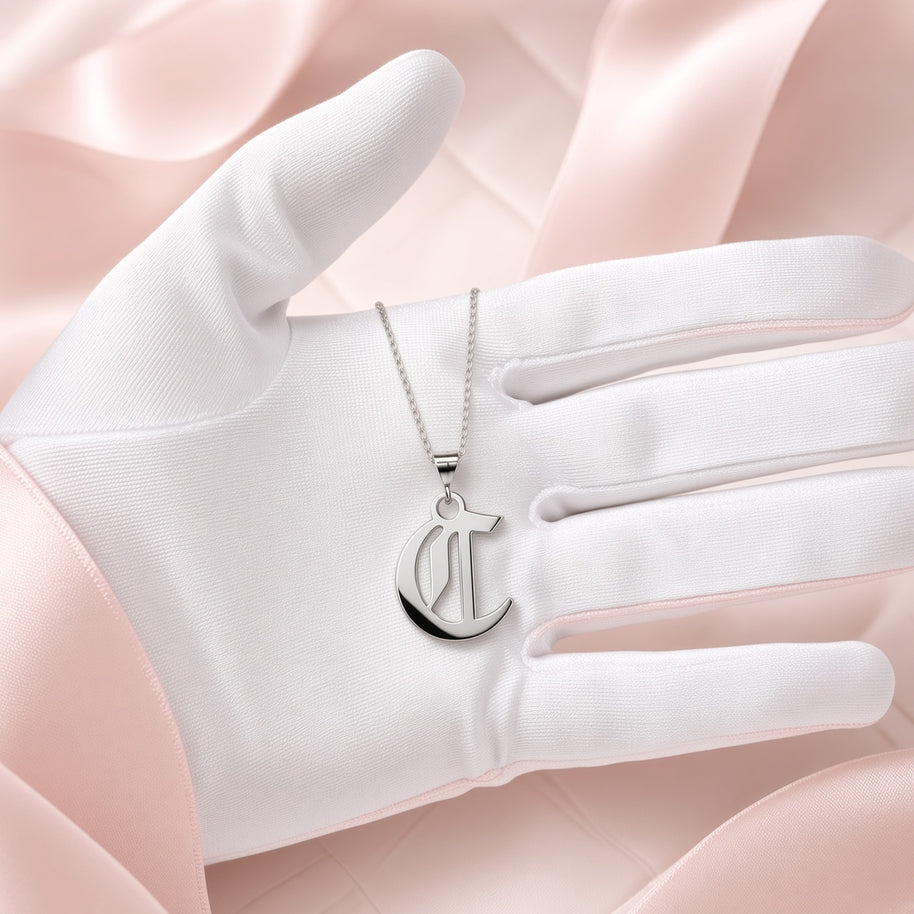 Gothic Script Initial Necklace | Sterling Silver | Lifetime Guarantee