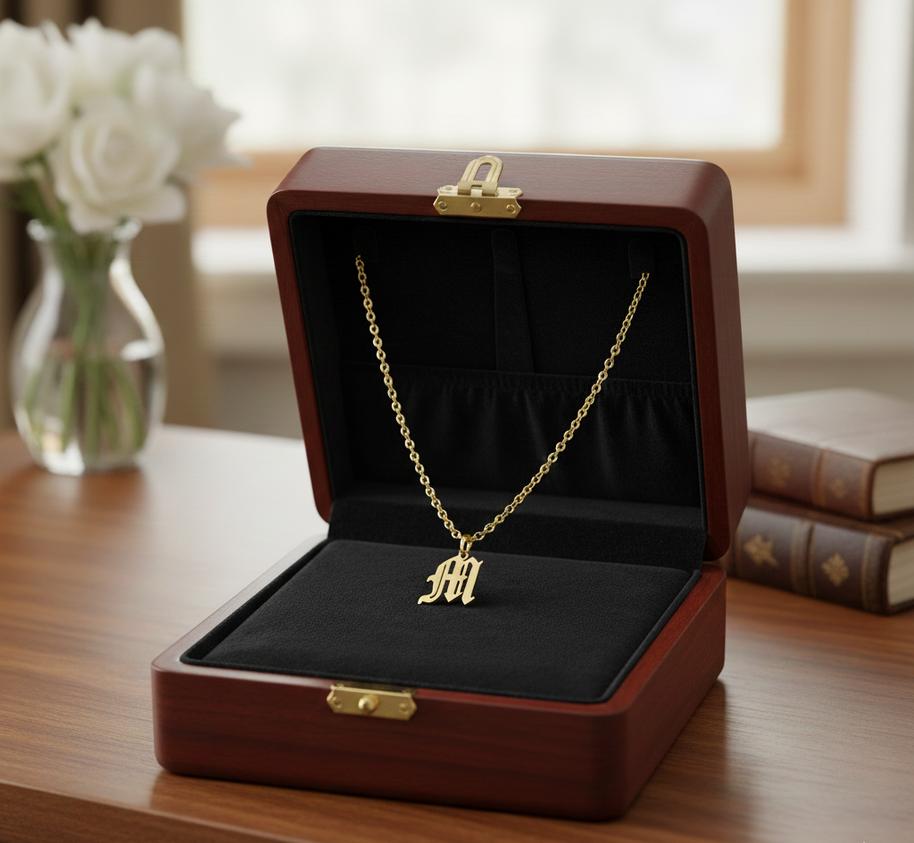 Old English Initial Necklace in Sterling Silver or Gold Plated Sterling Silver - Personalized Initial