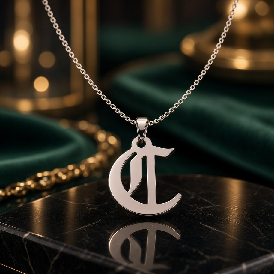 Gothic Script Initial Necklace | Sterling Silver | Lifetime Guarantee