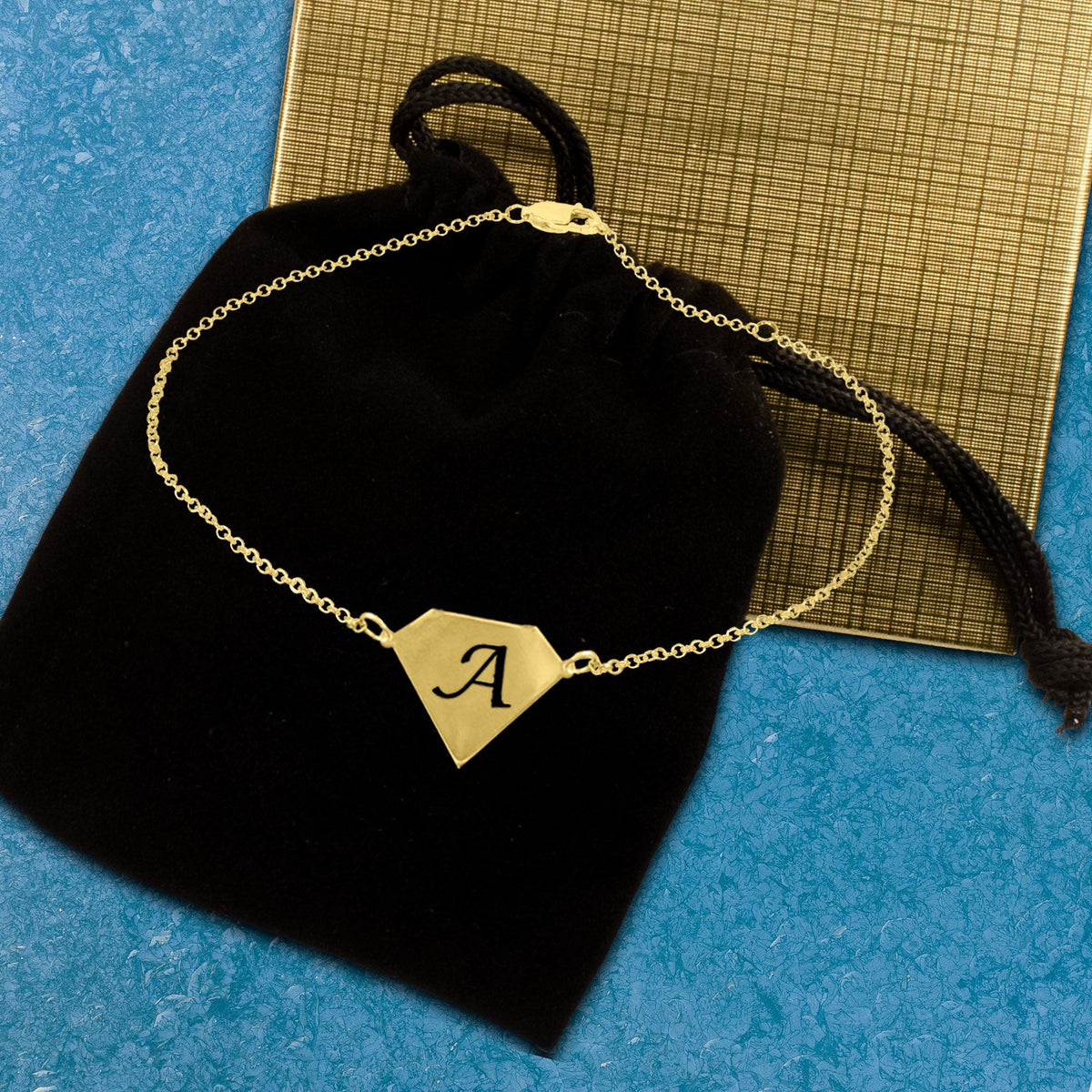 Diamond Shaped Initial Anklet - gold plated gift box