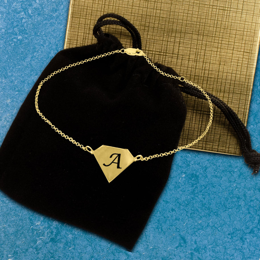 Diamond Shaped Initial Anklet - gold plated gift box
