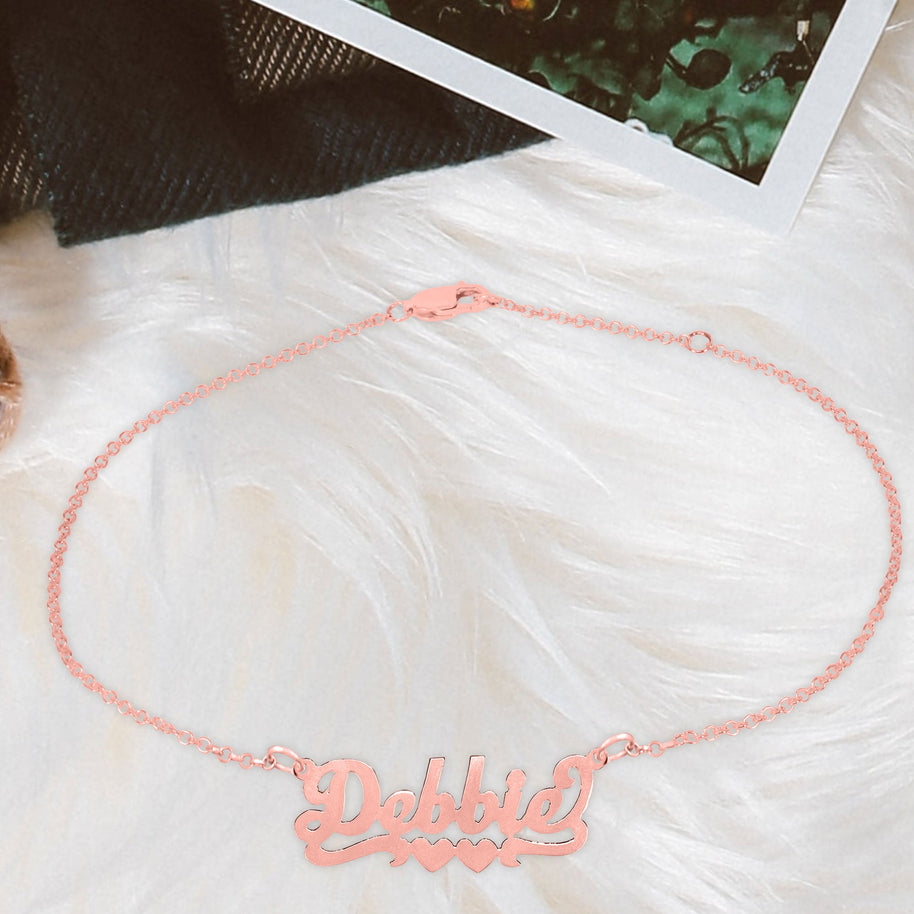 Script Nameplate Double Heart Tail Anklet - rose gold lifestyle