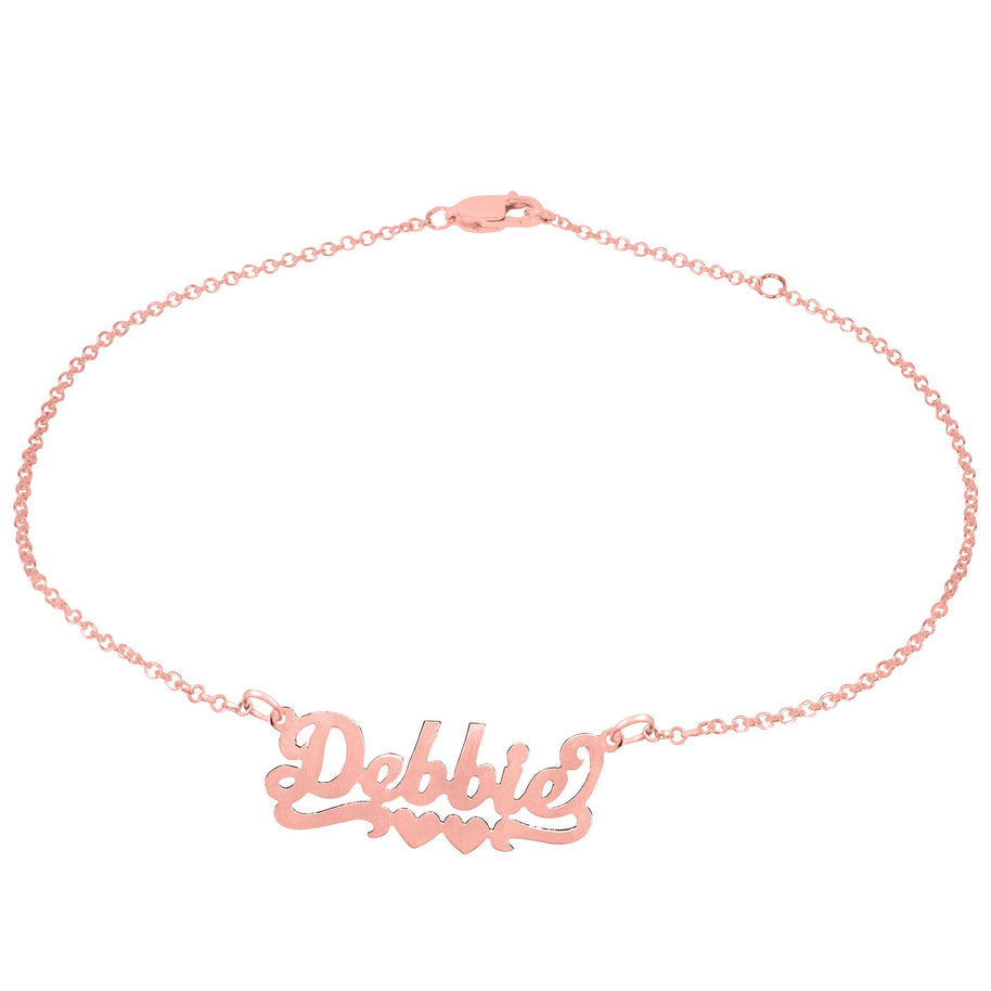 Script Nameplate Double Heart Tail Anklet - rose gold