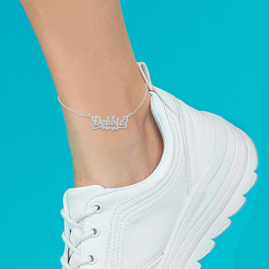 Script Nameplate Double Heart Tail Anklet - sterling silver lifestyle 2