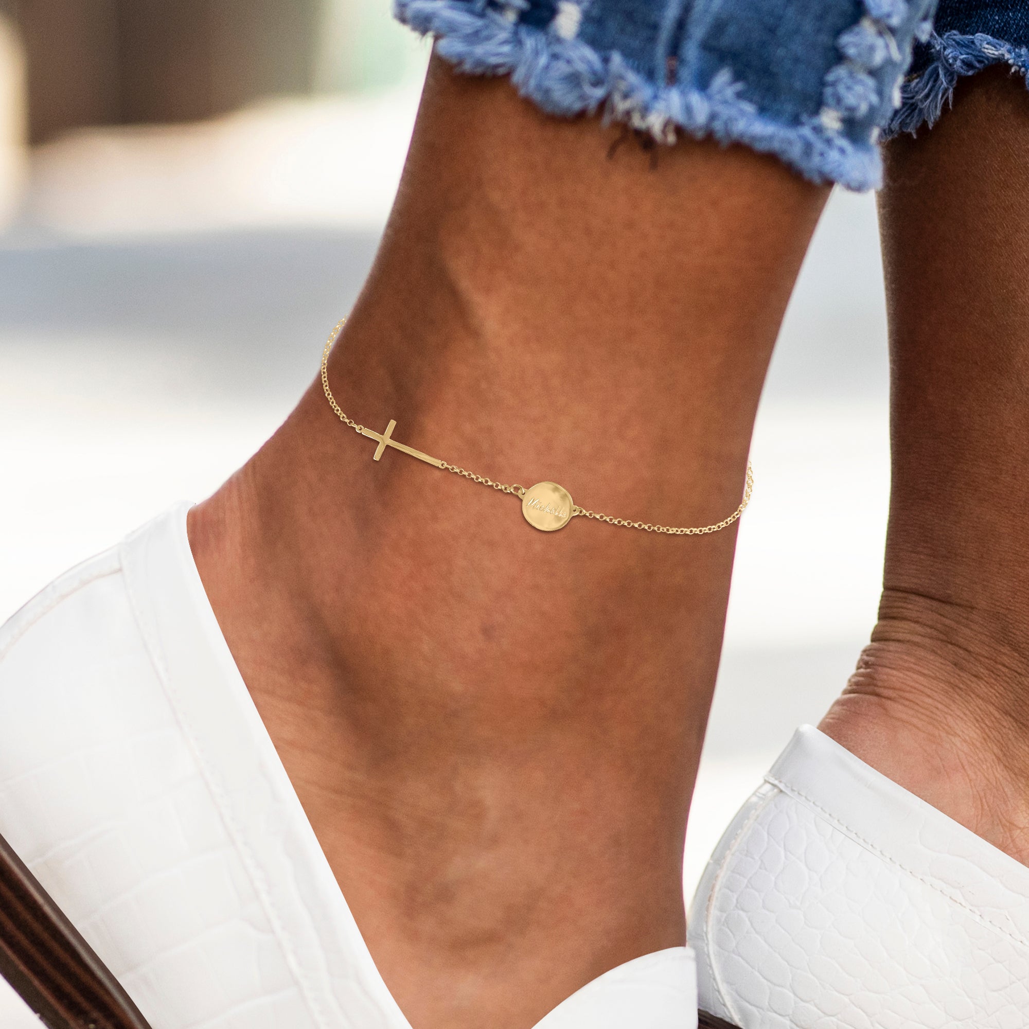 Personalized Engraved Graceful Disc w/Cross Station Anklet