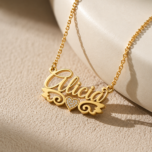 Personalized Angel Wings Name Necklace with Beaded Heart