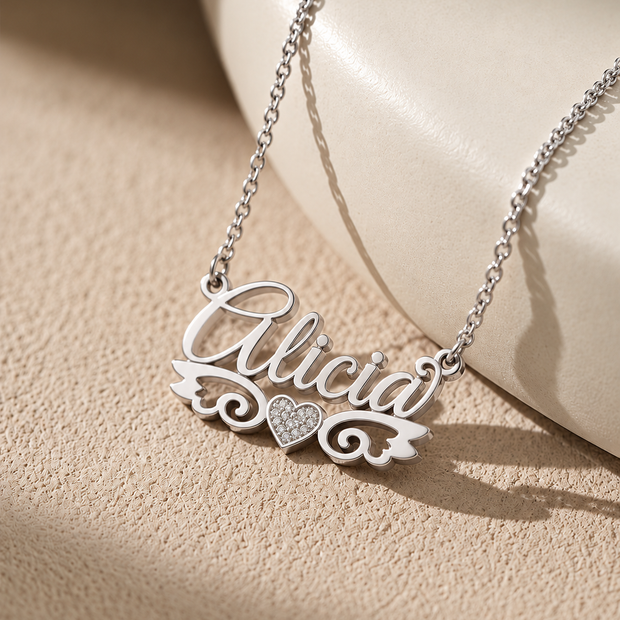 Personalized Angel Wings Name Necklace with Beaded Heart