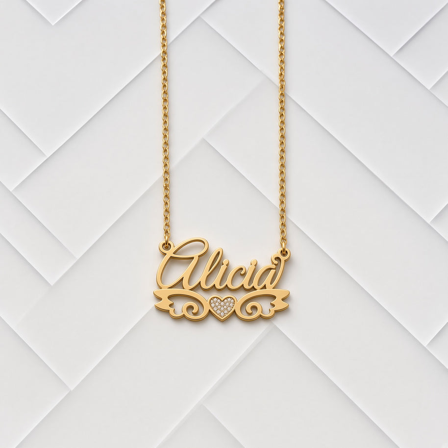 Personalized Angel Wings Name Necklace with Beaded Heart