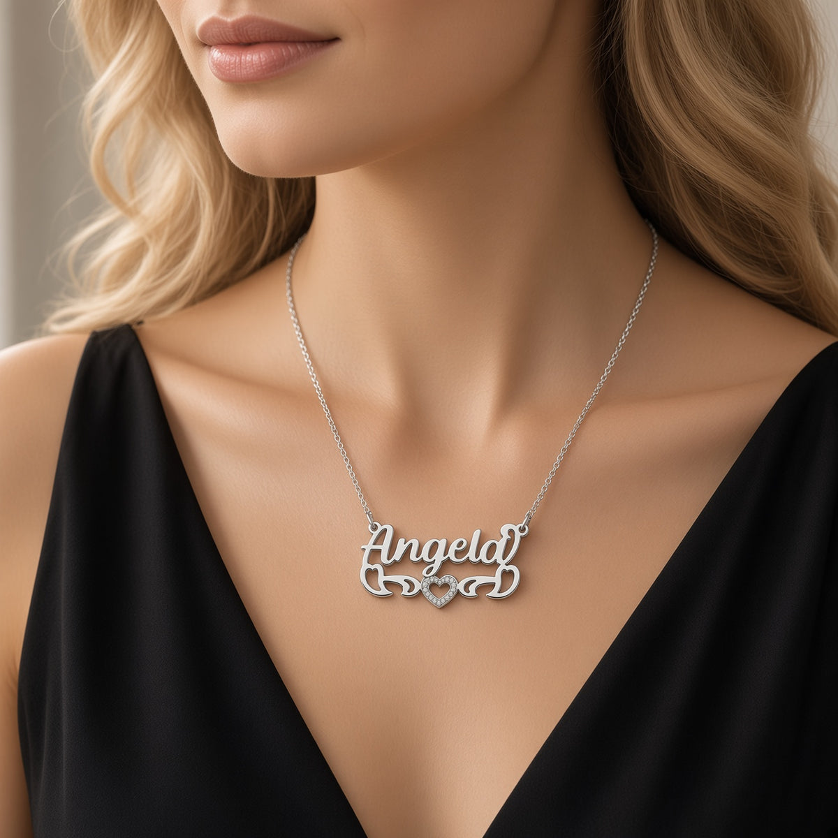 Personalized Bold Name Necklace with Open Heart Scroll