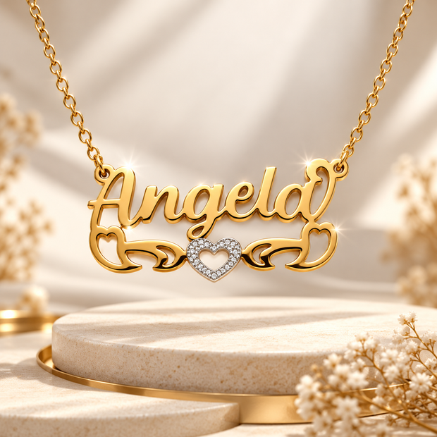 Personalized Bold Name Necklace with Open Heart Scroll | Sterling Silver & 14K Gold Plated