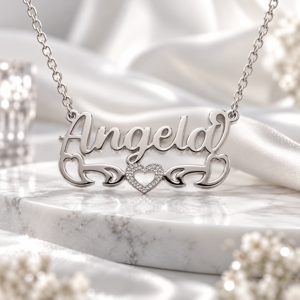 Personalized Bold Name Necklace with Open Heart Scroll | Sterling Silver & 14K Gold Plated