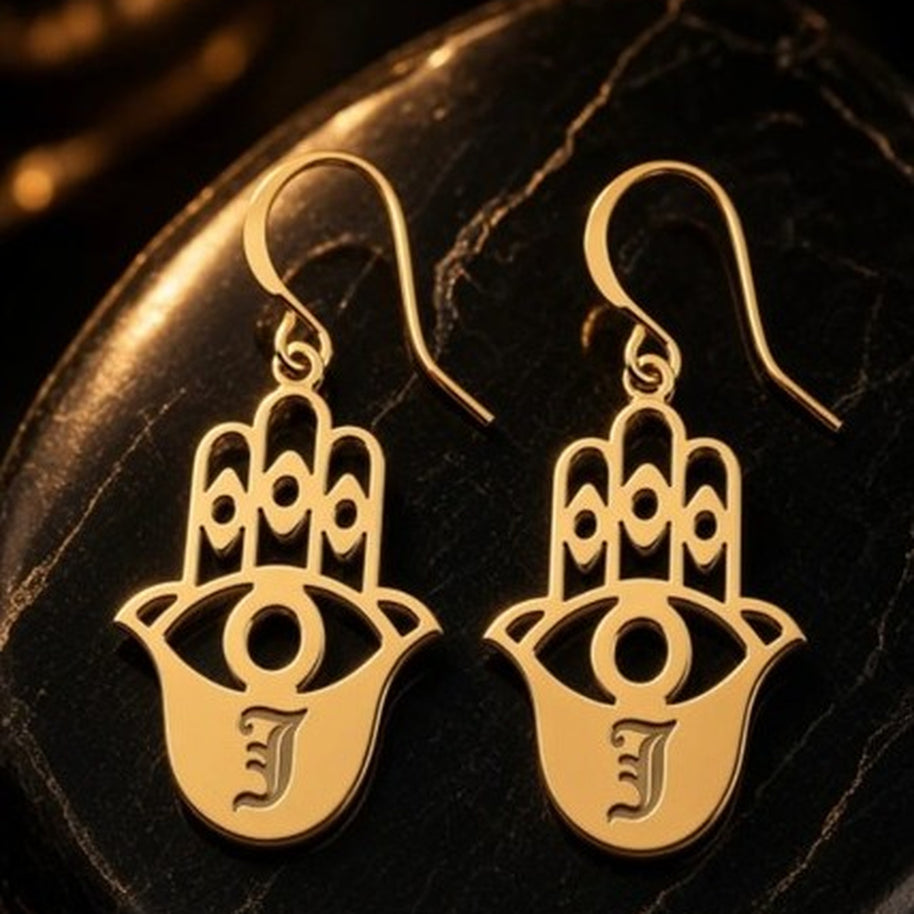 Hamsa Personalized Initial Earrings, Regular, Large or Drop