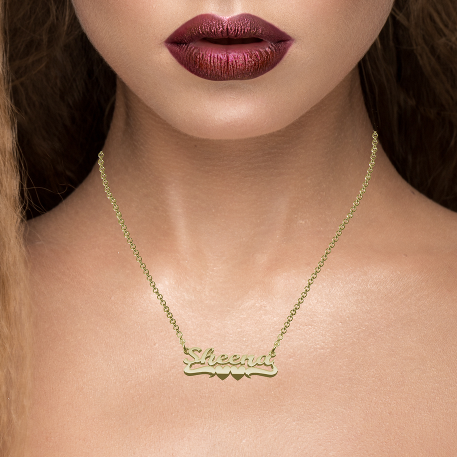 Personalzied Nameplate with Double Heart Undertail in Sterling Silver or Gold Plated Sterling Silver