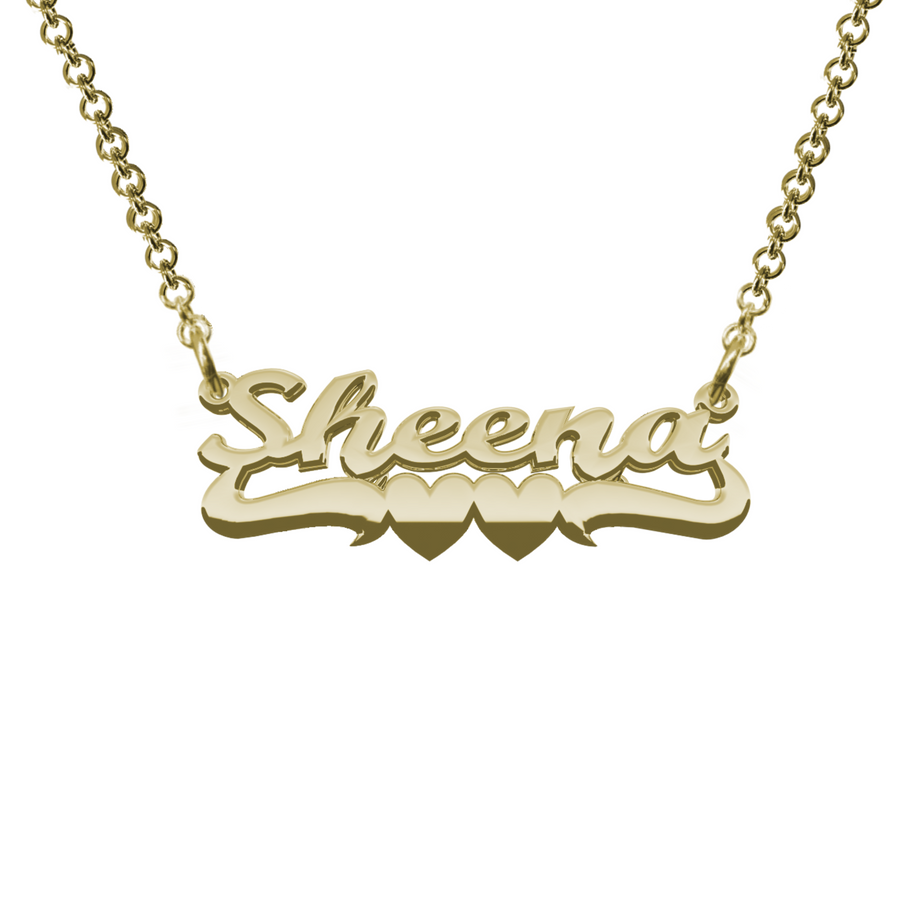 Personalzied Nameplate with Double Heart Undertail in Sterling Silver or Gold Plated Sterling Silver
