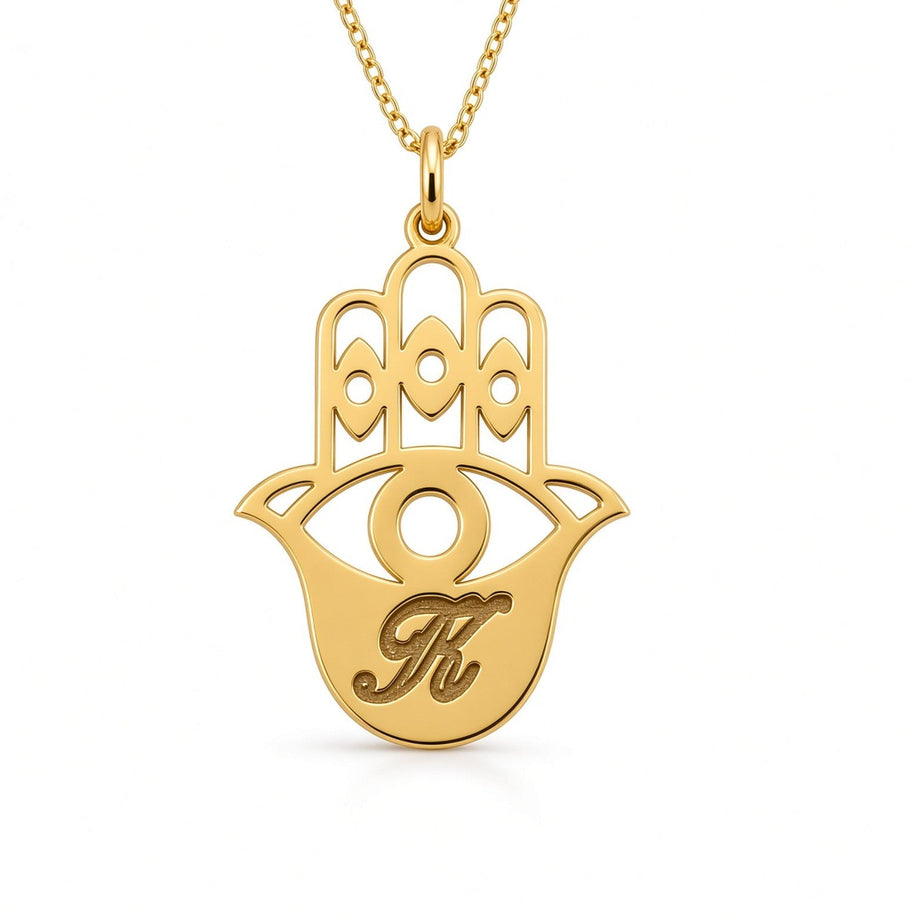 Hamsa Necklace - Gold Plated Sterling Silver - Cursive Initial