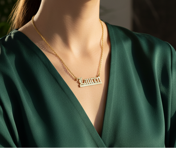 Old English Nameplate Necklace - Custom Name - Sovereign Undertail