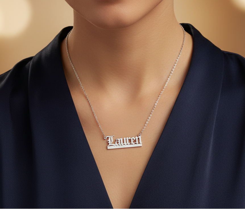 Old English Nameplate Necklace - Custom Name - Sovereign Undertail