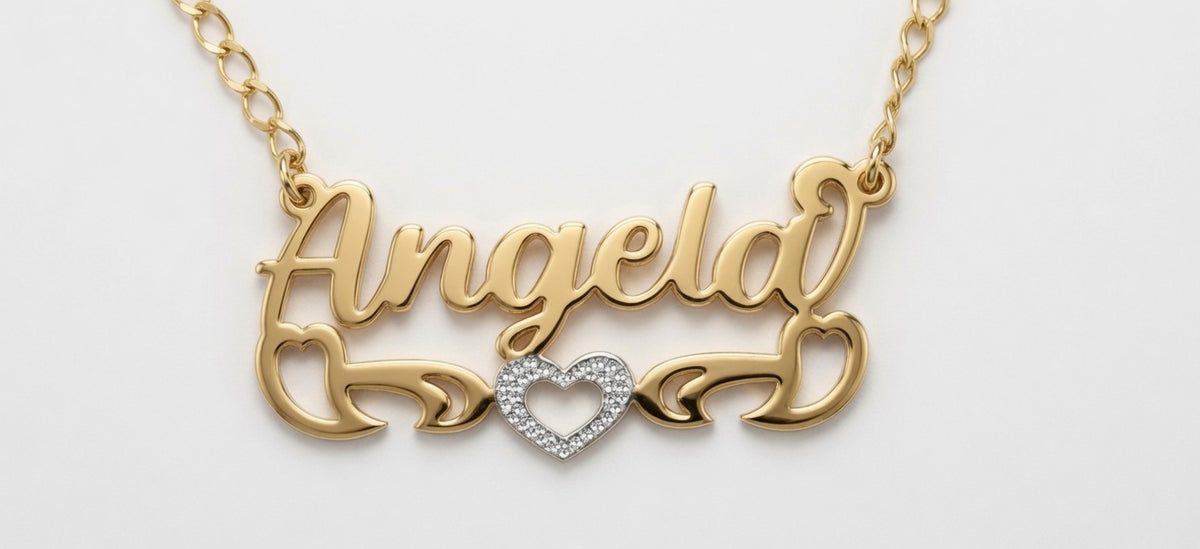 Personalized Bold Name Necklace with Open Heart Scroll