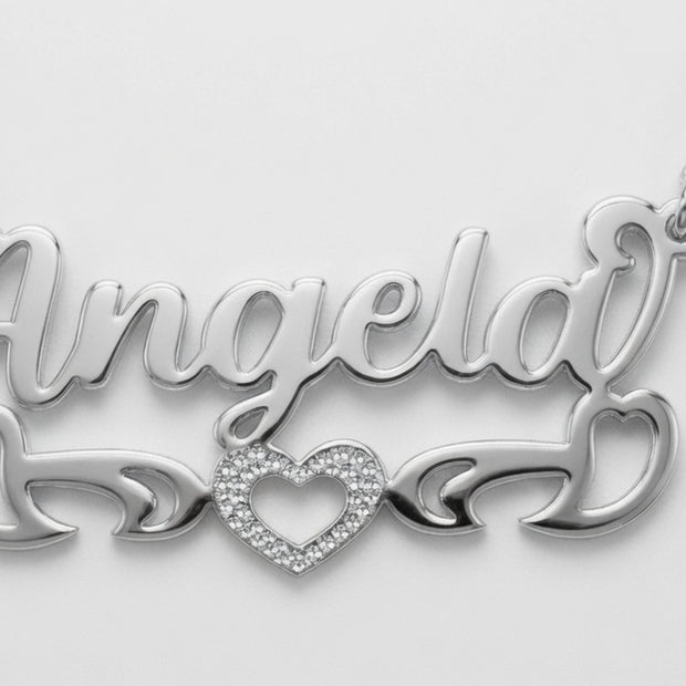 Personalized Bold Name Necklace with Open Heart Scroll