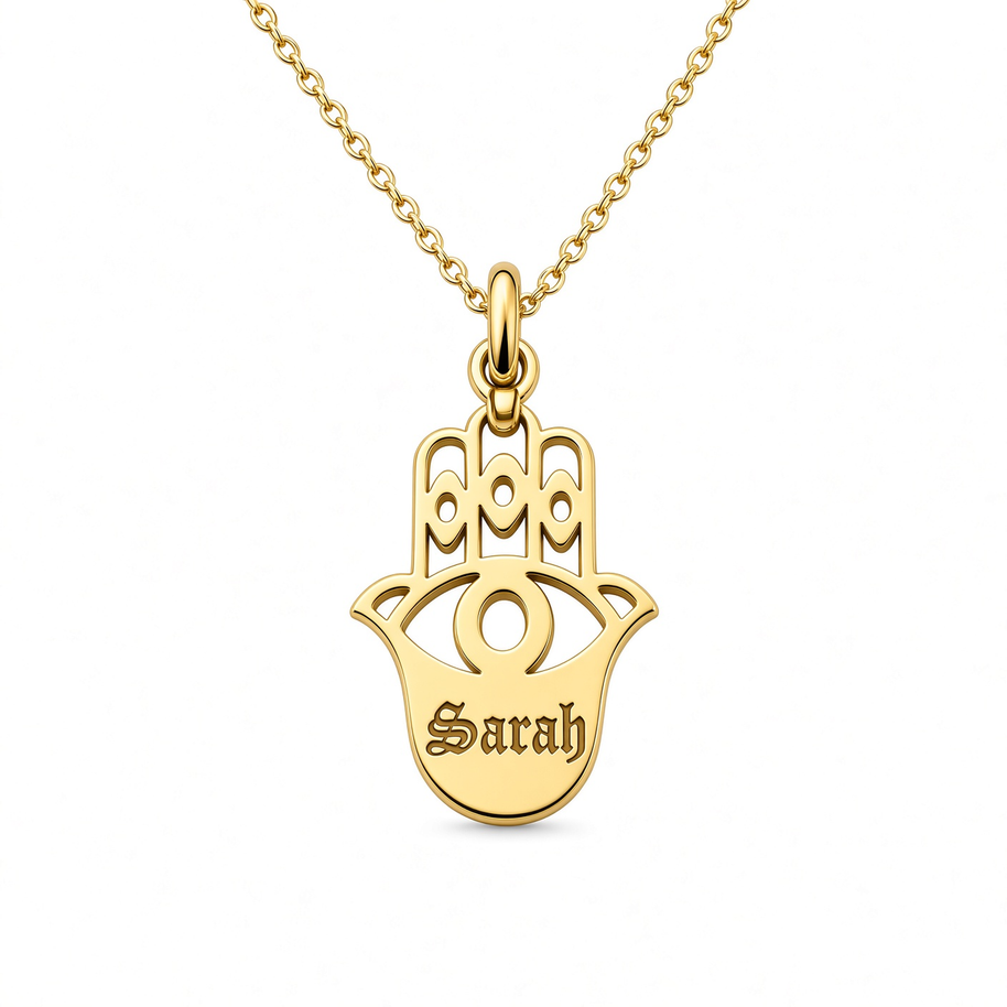 Hamsa Necklace - Gold Plated Sterling Silver - Old English Name
