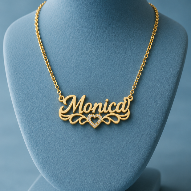 Personalized Script Name Necklace with Scroll Flourish and Beaded Heart