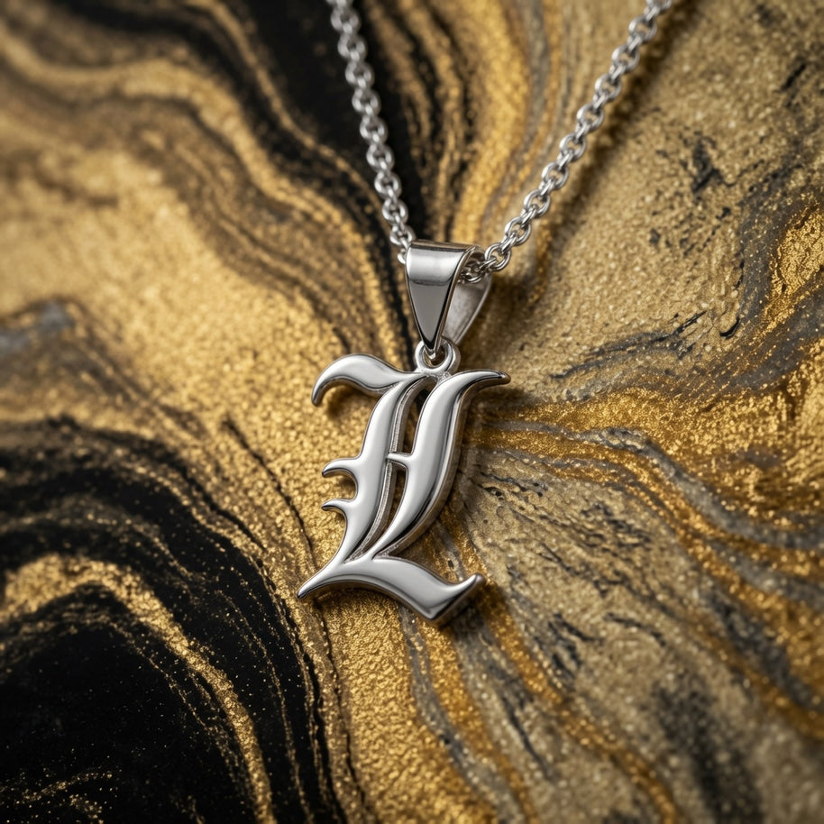 Gothic Old English Initial Necklace | Large Sterling Silver Pendant