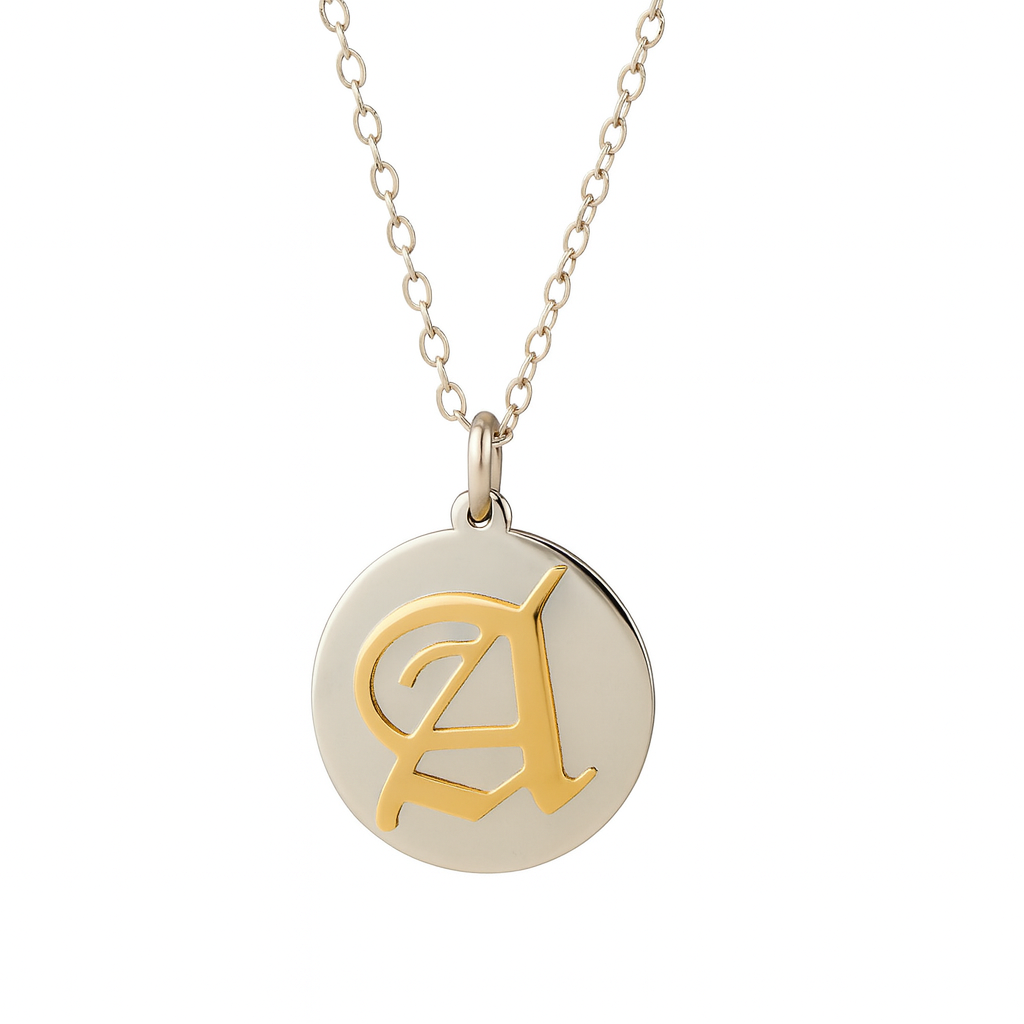 14kt Solid Gold Yellow Old English Initial on Sterling Disc Pendant