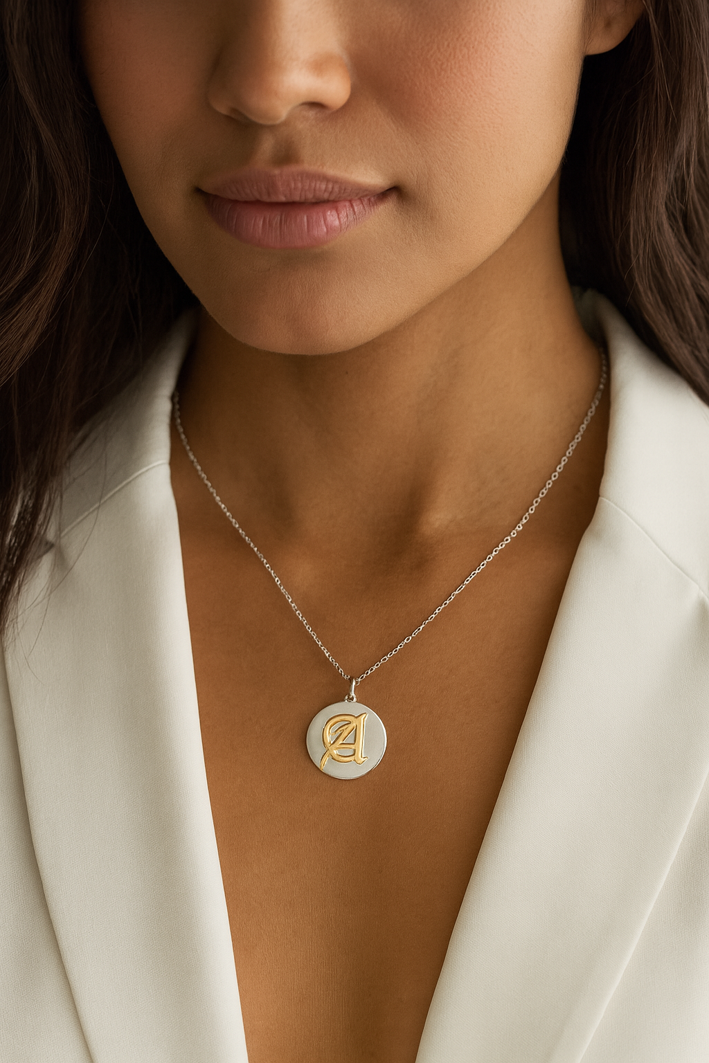 14kt Solid Gold Yellow Old English Initial on Sterling Disc Pendant