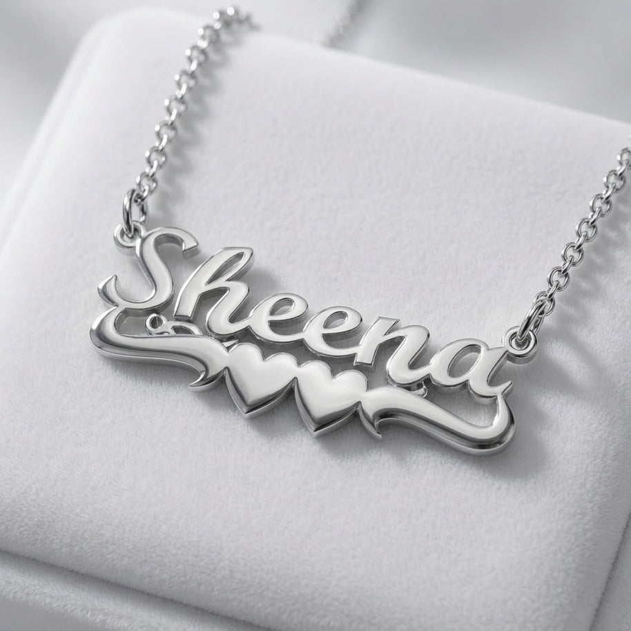 Personalized Nameplate with Double Heart Undertail in Sterling Silver or Gold Plated Sterling Silver