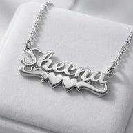 Personalized Nameplate with Double Heart Undertail in Sterling Silver or Gold Plated Sterling Silver