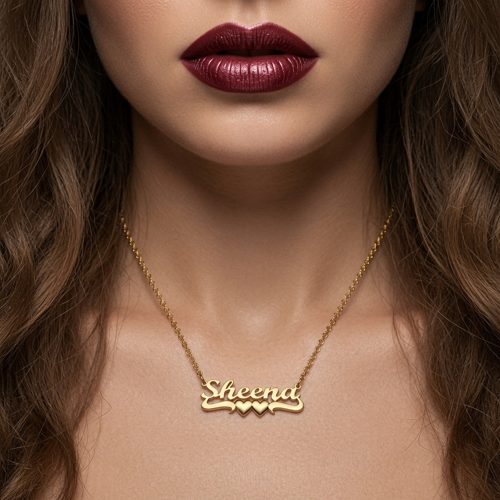 Personalized Nameplate with Double Heart Undertail in Sterling Silver or Gold Plated Sterling Silver