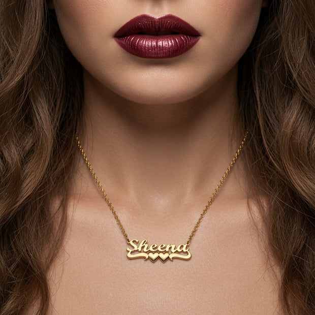 Personalized Nameplate with Double Heart Undertail in Sterling Silver or Gold Plated Sterling Silver