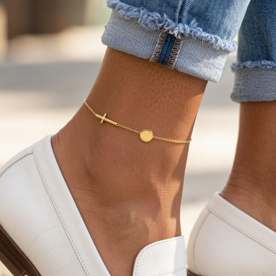 Personalized Engraved Graceful Disc w/ Cross Station Anklet