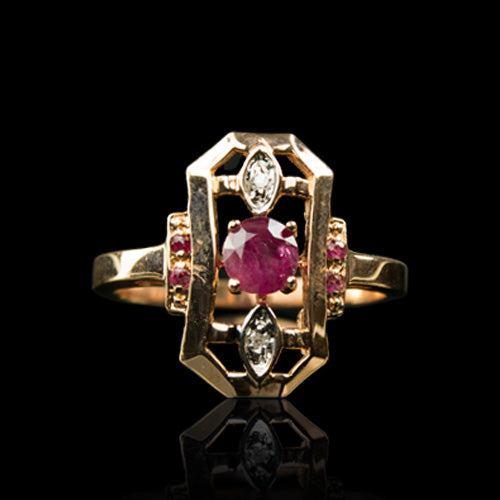 14kt Vintage Rose Gold Diamond and Ruby Ring
